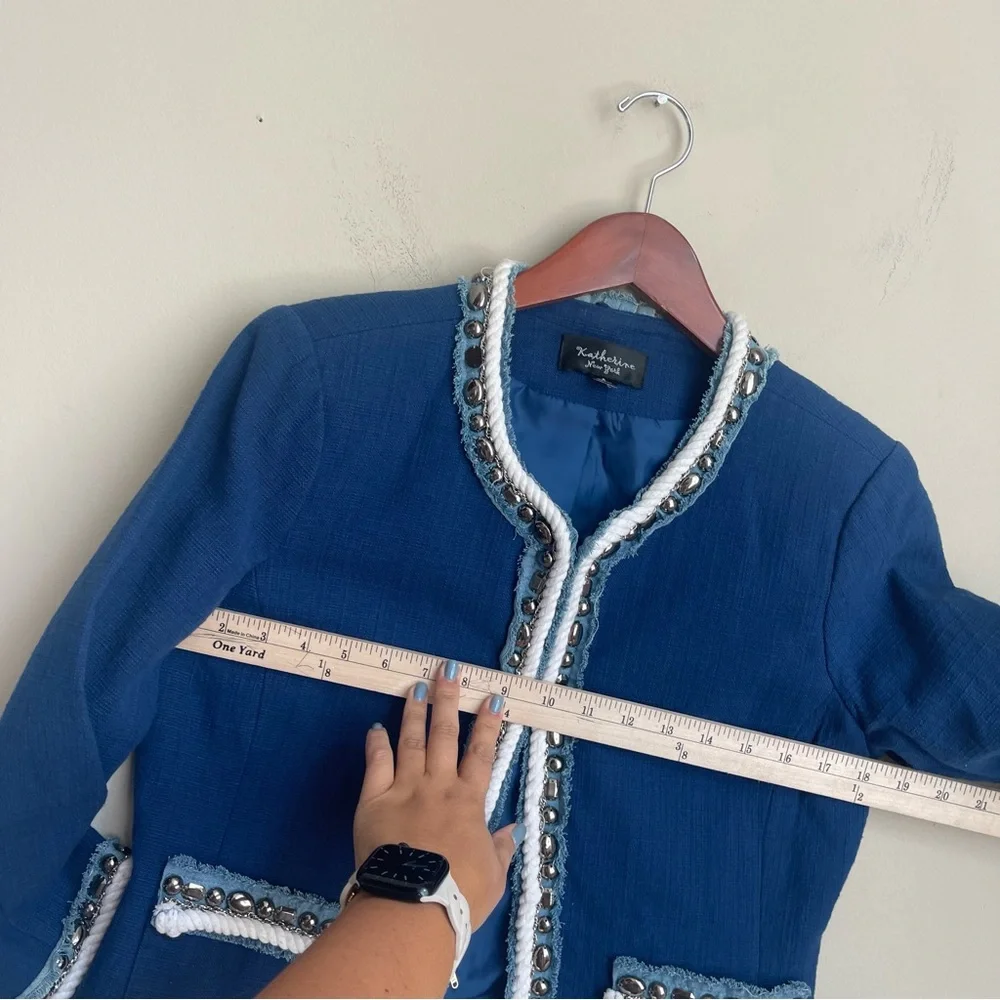 Katherine New York Navy Textured Embellished Jacket w/ Denim Detail Jacket Small